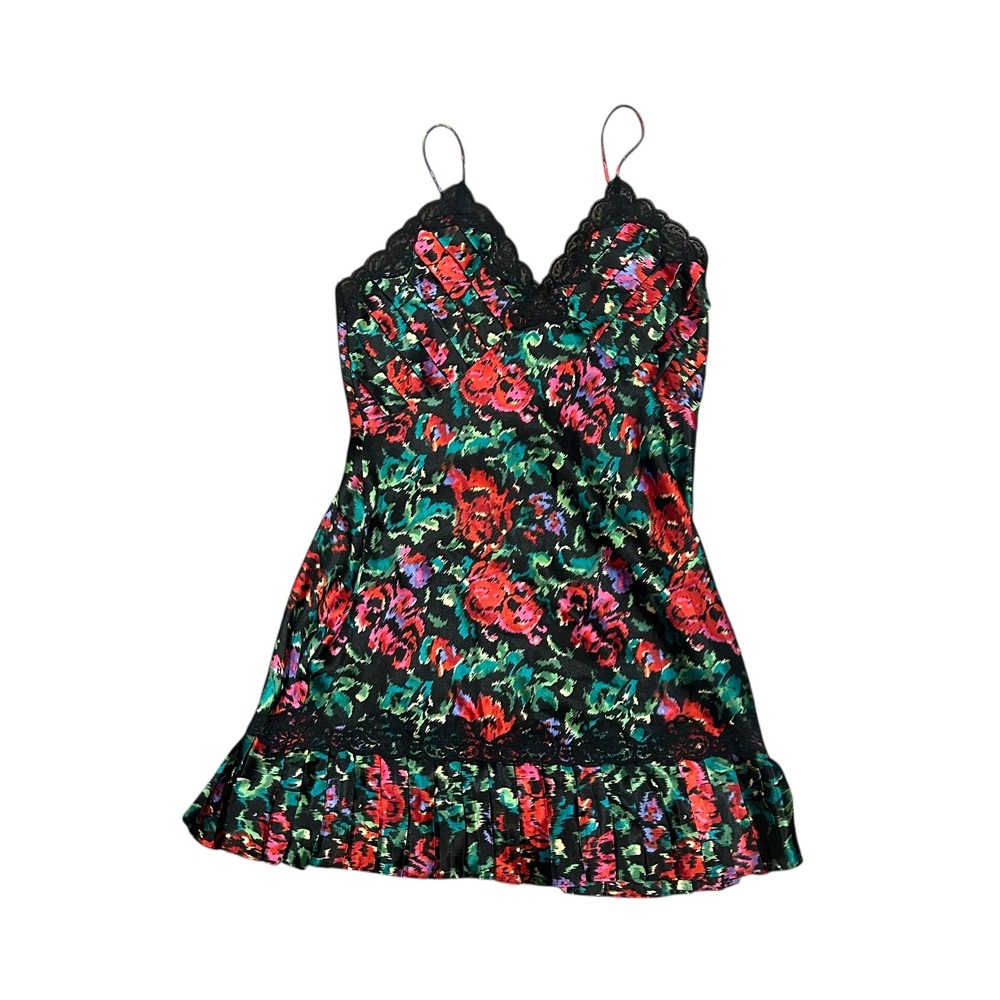 Victoria Secret Vtg Gold Label Floral Satin Lace Trim Babydoll Slip Mini Dress